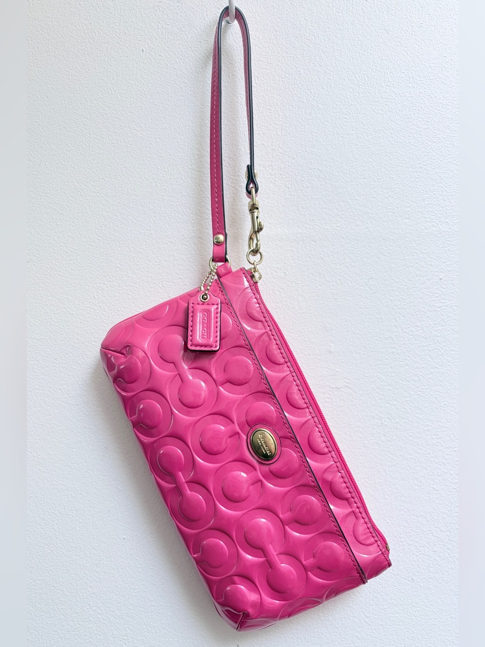 Y2K COACH Hot Pink Patent Leather Signature Monogram Wristlet w/ Gold Hardware